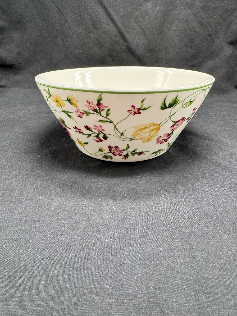 Waverly Floral Ceramic Serving Bowl Round Multicolor Green Rim Kitchen Decor